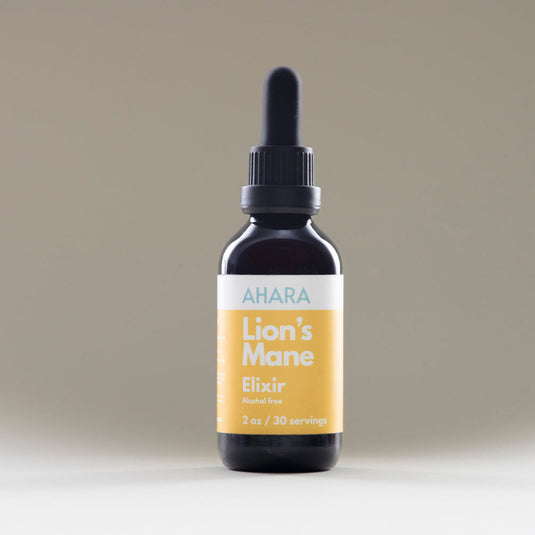Bottle of Ahara Lion's Mane Elixir on a gradient background