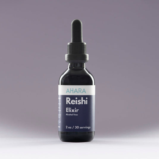 Bottle of AHARA Reishi Elixir on a gradient background