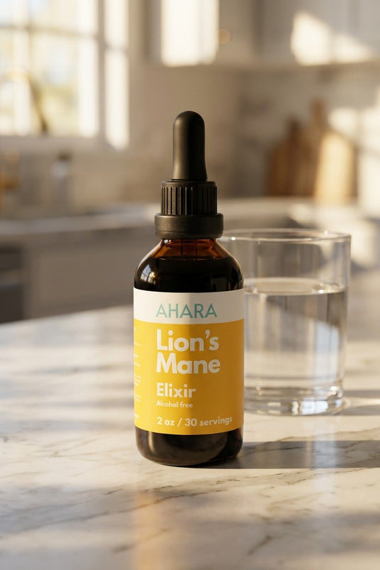 AHARA Lion's Mane Elixir in a bright kitchen