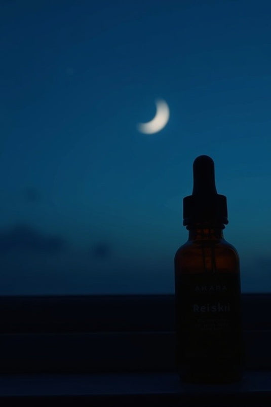 The Reishi Elixir silhouetted against a crescent moon