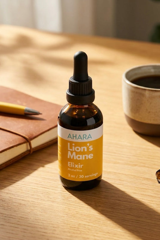 AHARA Lion's Mane Elixir on a morning desk with coffee
