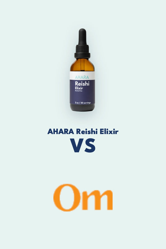 Reishi and the AHARA Reishi Elixir bottle, compared with Om Mushroom Reishi