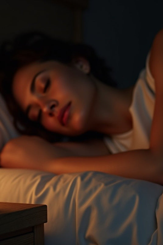 A woman asleep at night with the Reishi Elixir on her nightstand