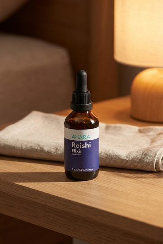 AHARA Reishi Elixir on a nightstand, an alcohol-free liquid alternative to melatonin