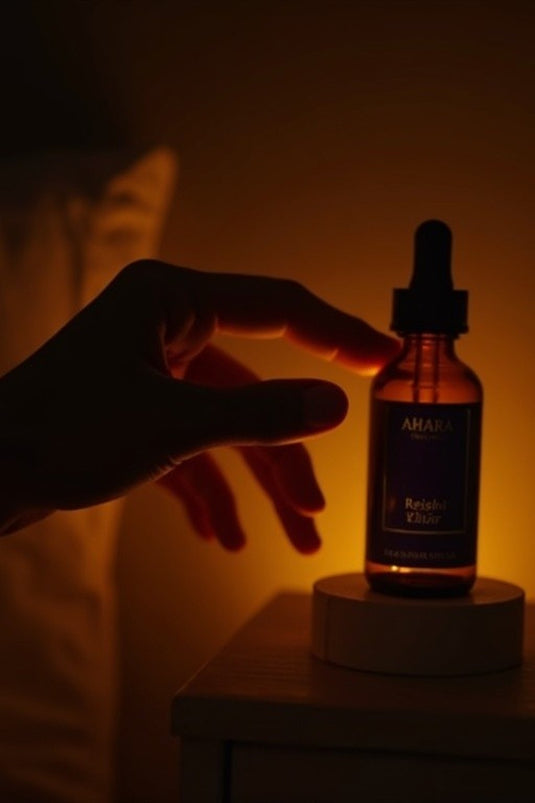 A hand reaching past the Reishi Elixir to switch off the bedside lamp