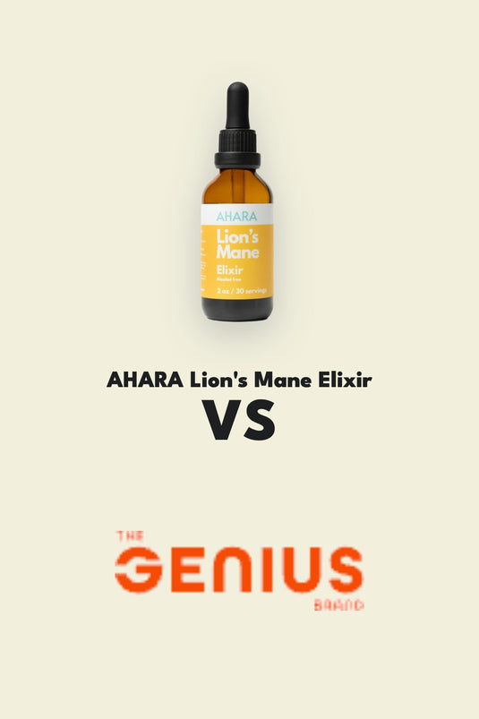 A focused desk, comparing the AHARA Lion's Mane Elixir with Genius Mushrooms