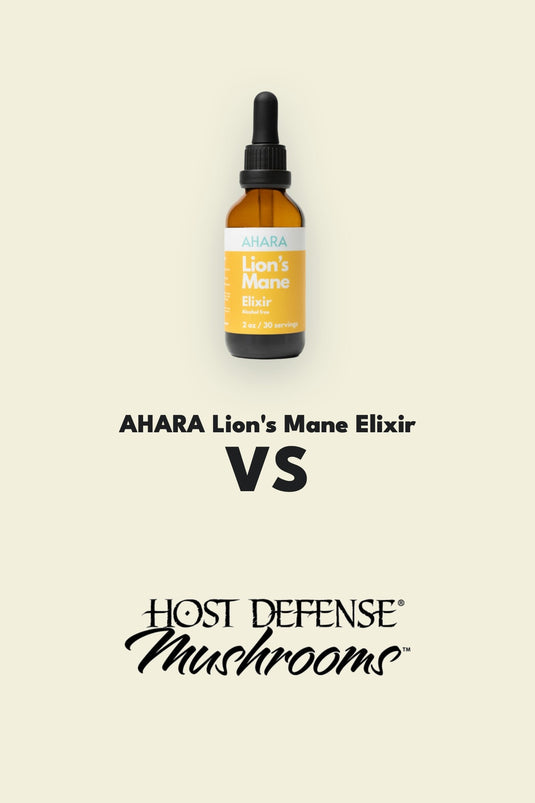 Lion's mane mushroom, comparing the AHARA Lion's Mane Elixir with Host Defense Lion's Mane