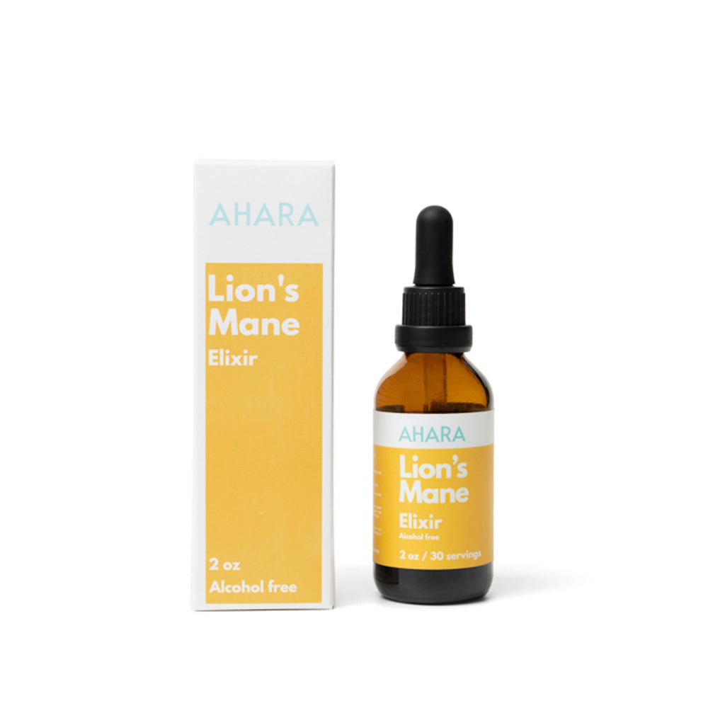 AHARA Lion's Mane Elixir, an alcohol-free liquid dropper extract