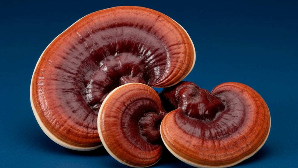 Ganoderma lucidum (Reishi mushroom) fruiting bodies on a navy backdrop