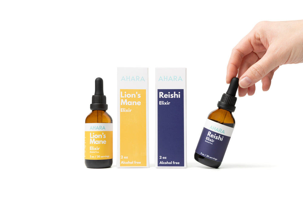 AHARA Reishi and Lion's Mane Elixirs, organic mushroom sleep and focus supplements
