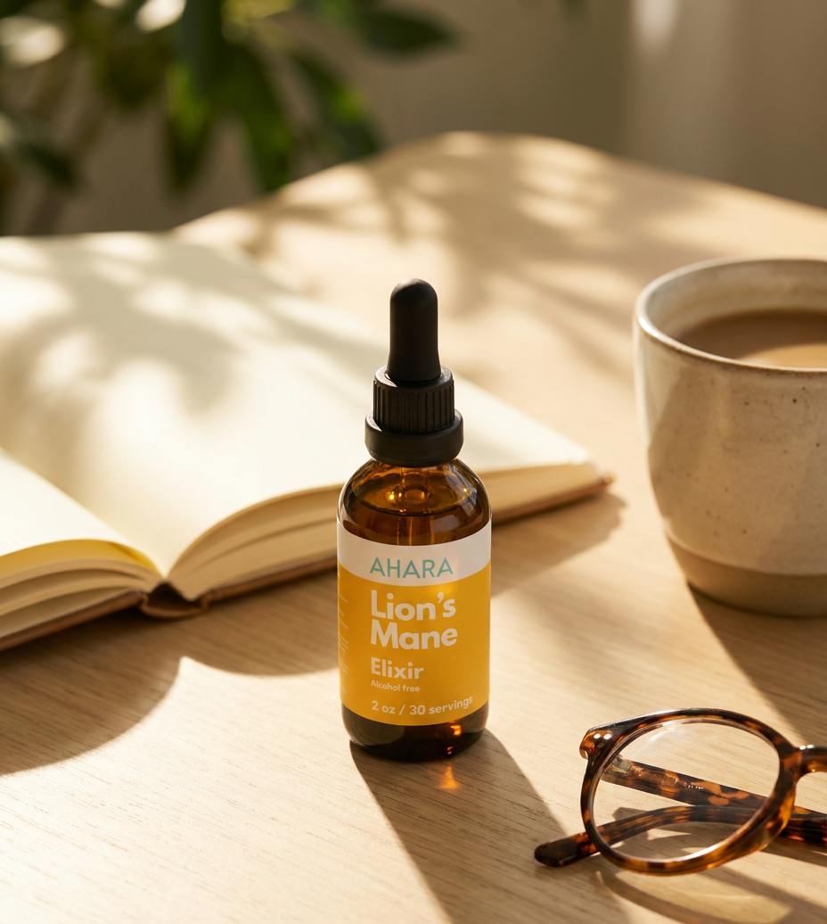 AHARA Lion's Mane elixir on a sunlit desk