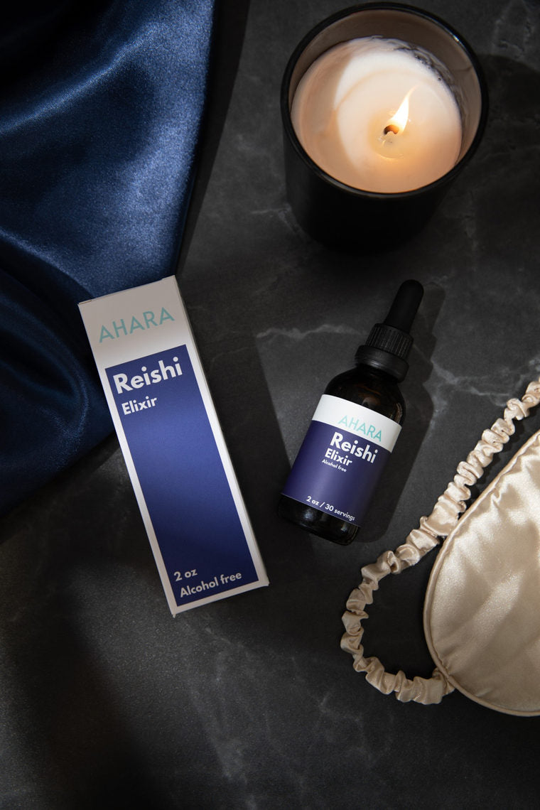 AHARA Reishi Elixir on a nightstand